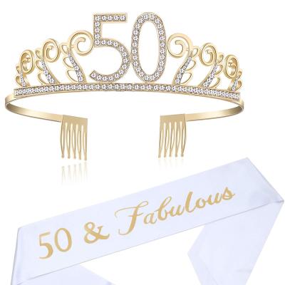 China Custom Alloy Rhinestone Fifty Birthday Crown For Adults Birthday Tiara Crown Sash Headband Tiara for sale