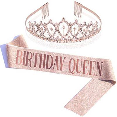 China Rhinestone Tiara Alloy+Rhinestone Gold Glitter Birthday Gifts Women Birthday Party Supplies Women Birthday Girl Sash Kit for sale