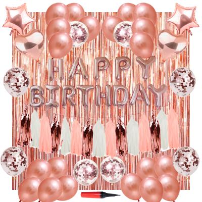 China Non-Toxic Pom Pom Ball Birthday Party Decoration Set Rose Gold Happy Birthday Foil Confetti Balloon Party Decoration for sale