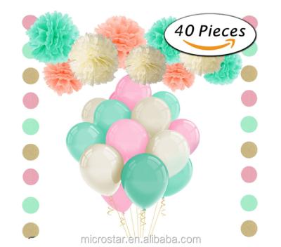 China Festival Decoration 40pcs Mint Peach Tissue Pom Poms Latex Balloons and Paper Garland for Baby Shower Party Decorations for sale