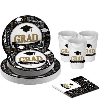 China Decoration Indoor Black Graduation Party Tableware Disposable Tableware Supplies Set 2020 Good Price Dinner Set Paper Plate Paper Cups for sale