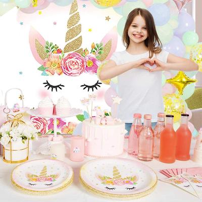 China Disposable Banner Paper Plates Cups Napkins Straws Unicorn Theme Party Supplies Set Home Decor for Birthday Decorations Disposable Dishes for sale