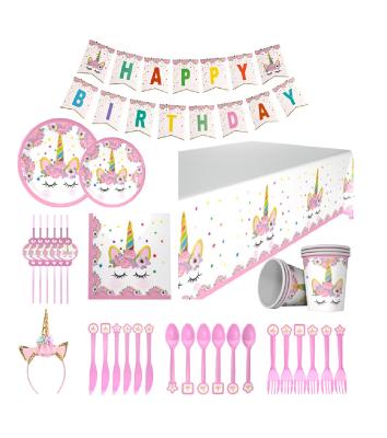 China New Deluxe Unicorn Tableware Decoration Kit Set Kids Theme Birthday Party Decorations Supplies Banner Balloons Dishes Cups Napkins for sale