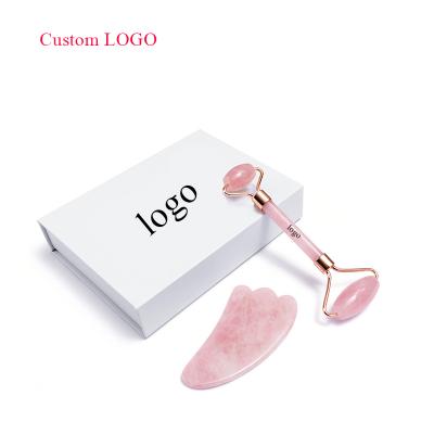 China Whitening Natural Anti Aging Jade Roller Gua Sha Therapy Roller Set 100% Rose Quartz Face Massager Eye for sale