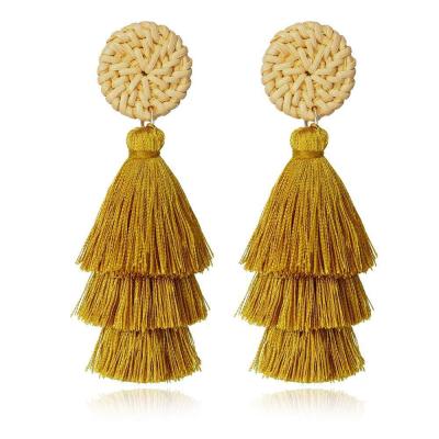 China Layered Tassel Earring 3 Tiereds Tassel Earrings With Rattan Statement Tassel Bohemian Drop Dangle Earrings For Women Mom Gifts for sale