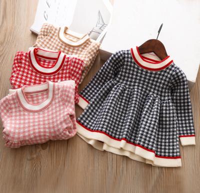 China 2022 Cute Plaid Knitted Girls Dress Girls Sweater Autumn New Kids Baby Woolen Sweater Dropshipping for sale