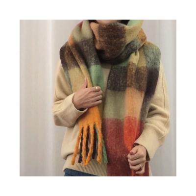 China 100% Fashion Acrylic Women Store Acrylic Oblong Chunky Fluffy Large Plaid Winter Oversized Scarf Cap With Tassel for sale