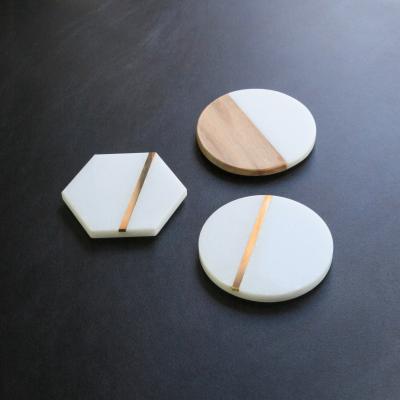 China MAXERY Wooden and Marble Splicing Coaster Workable Round Coasters for Table Decor Hexagon Marble Coaster for sale