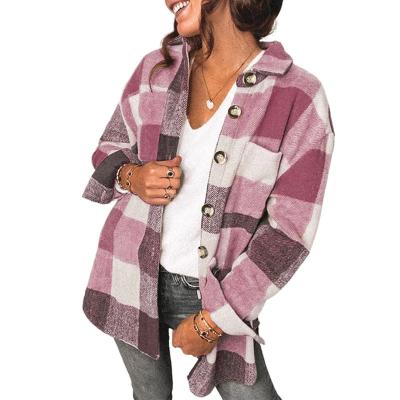 China Breathable Wholesale Women Plaid Color Block Buttoned Long Sleeve Jacket With Pocket for sale