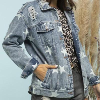 China Breathable Wholesale Women Distressed Buttons Washed Star Denim Jacket for sale