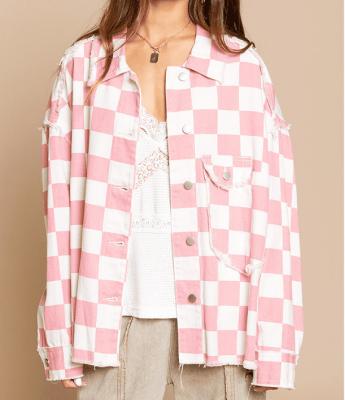 China Women Breathable Wholesale Plaid Denim Jacket Straight Coat for sale