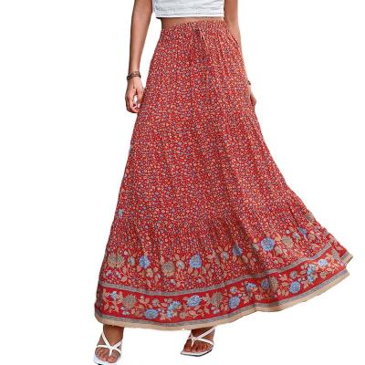 China Wholesale Breathable Boho Floral Print Women High Elastic Waist Pleated A Line Maxi Skirt for sale