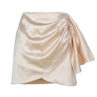 China Wholesale Breathable Women Summer Zipper Irregular Skirt Pleated Solid Satin High Waist Skirt for sale