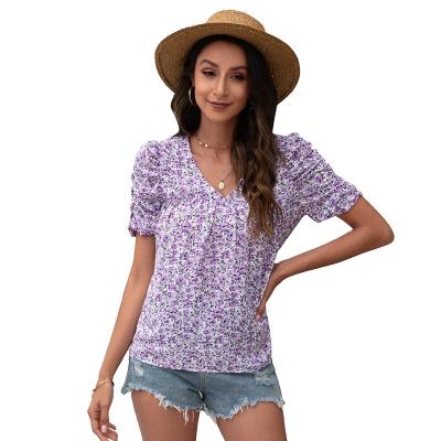 China Wholesale Breathable Sleeve Top Flower Breathable V Neck Summer Women Short Sheath Blouse for sale