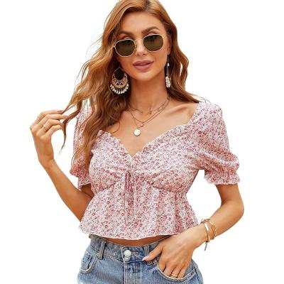 China Floral Print Breathable Wholesale Drawstring Women Deep V-Neck Top for sale