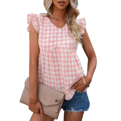 China Breathable Wholesale Women Plaid Print Ruffles Sleeve V-neck Blouse for sale