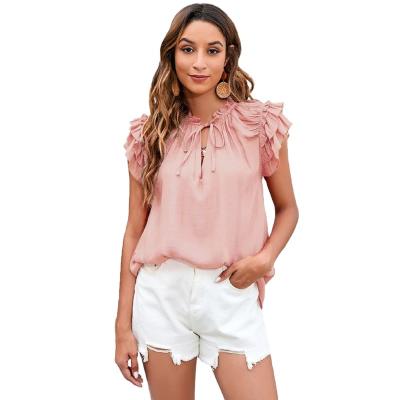 China Summer Breathable V-Neck Women Ruffle Sleeve Casual Blouse for sale