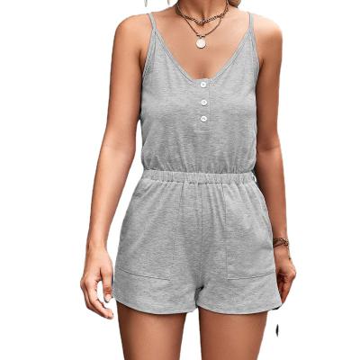 China Wholesale V-Neckline Breathable Ladies Solid Color Sports Style Sleeveless Buttoned One-Piece ShortJumpsuit for sale