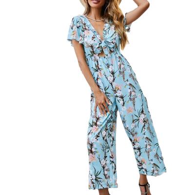 China 2022 Wholesale Breathable Women Bow Knot Pink Overalls Floral Print Long Pants for sale