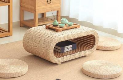 China The Cane Makes Up Tea Table Natural Straw Woven Floor Table Natural fiber Window Table for sale