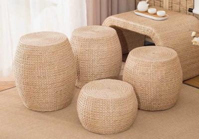 China Natural Straw Household Storage Stool Grass Woven Ottoman Box Eco-Friendly Hand-Woven Grass Rattan Stools Seat Pad for sale