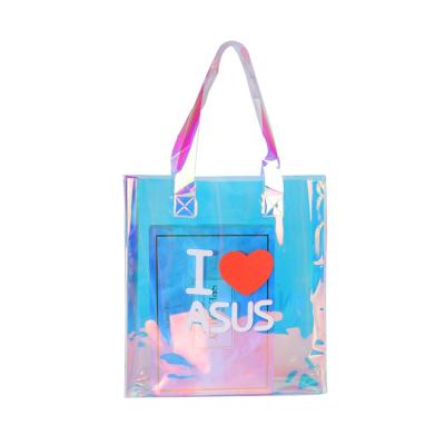 China 2021 New Fashion Recyclable PVC Lady Bag PVC Shopping Bag Holographic Laser Glossy Tote Bag for sale