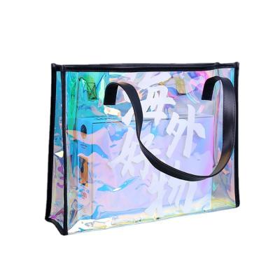 China 2021fashion Recyclable Clear Shopping PVC Jelly Tote Bag OEM Holographic PVC Laser Handle Custom Shoulder Bag for sale