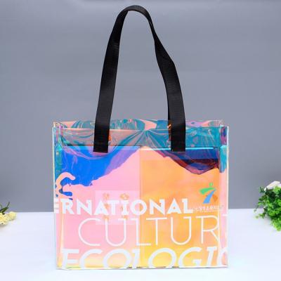 China Fashion Hologram Recyclable Clear Holographic PVC Iridescent Tote Bag Clear Laser Handbag Iridescent Shopping Bag for sale