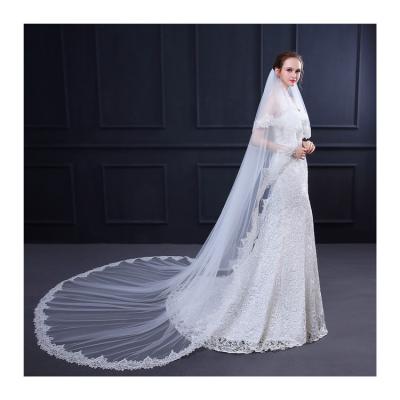 China Factory Price Long Cathedral Cut Edge White Ivory Lace Trim Wedding Veil Girl Bridal Veils With Comb for sale