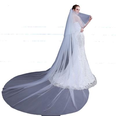 China High Quality White Cut Edge Factory Price Layers Wedding Veil One With Soft Pearl Bridal Veil For Women for sale