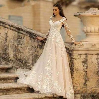 China Factory Price Dry Cleaning One Sleeve Illusion O Line Wedding Dresses Full Sleeves Appliqued Lace Up New Arrival Floor Length Wedding Dress for sale