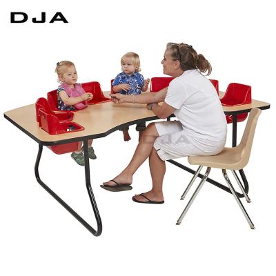 China Kindergarten Modern Classroom Furniture Toddler and Baby Kids Food Wood Feeding or Study Table Safety Belt for sale