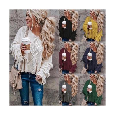 China Breathable Most Popular Solid Color V-Neck Blouse Ladies Plus Size Tassel Knit Pullover Sweater For Women for sale