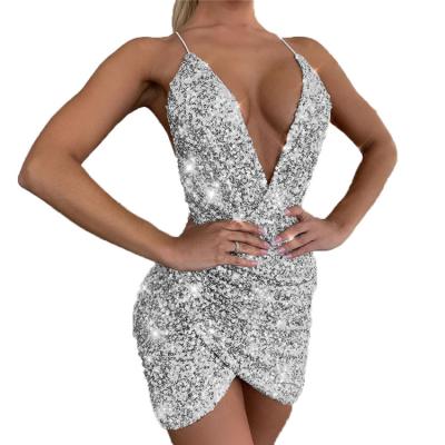 China Wholesale Sexy Halter V Spandex/Polyester Halter Strap Summer Mini Dress Dress Feminine Sequin Deep Tight Nightclub Wholesale for sale