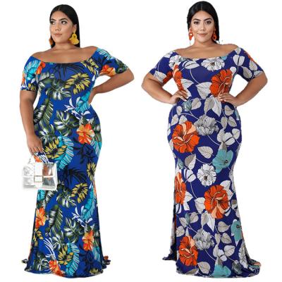 China New Breathable Plus Size Print Tight-fitting Dress Off-shoulder Ruffled Ladies Tight-fitting Dress for sale