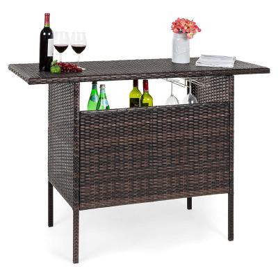 China Waterproof Outdoor Patio Bar Counter Table Wicker Furniture with 2 Steel Shelves and 2 Rail Sets for sale