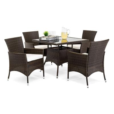 China Waterproof Indoor Outdoor Wicker Dining Furniture Set For Patio Backyard w/Square Umbrella Cutout Dining Table Glass Table Set for sale