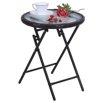 China Waterproof Patio Folding Side Table Around End Table Outdoor Portable Coffee Table With Tempered Glass Edge & Metal Frame w/ Rattan Top for sale