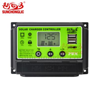 China Dual USB Output 12V 24V 10A Manual Display 12V 24V 10A 5V 2A Sunchonglic Dual USB Controller Mini Charger Solar Left Charge Controller for sale