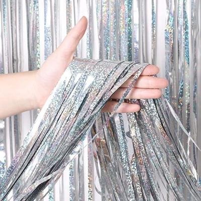 China Eco-Friendly Materials Silver Laser Foil Fringe Curtain, Metallic Photo Booth Tinsel Backdrop Door Curtains For Wedding Birthday Baby for sale