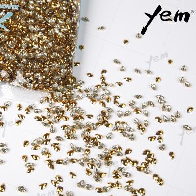 China Environment Inspection YEM 4*8 Drop Shape Transparent UV Flat Back Golden Hot Fix Rhinestones For Shoes Bags T Shirt Bags for sale