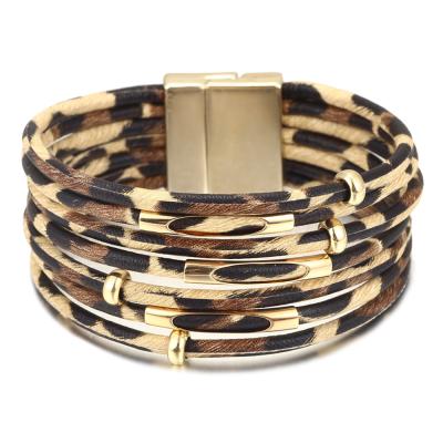 China Artilady Environmental Friendly Leather Wrap Bracelet For Women Multilayer Magnetic Leopard Buckle Cuff Bangle Jewelry for sale