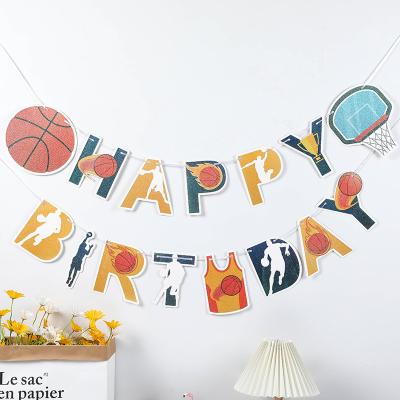 China Birthday Party Decoration Topic Soccer Basketball Train Boy Girl Space Sheep Circus Happy Birthday Flag Banner for sale