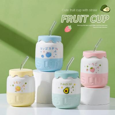 China Sustainable Cute cartoon Fruit 500ml ceramic cup with Straw household kids Ceramic coffee milk mug with lid ins Wholesale mugs cup for sale