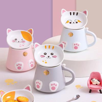 China Sustainable Cute 400ml cartoon cat mug ceramic cup personalized breakfast coffee milk cup with cover with spoon for sale