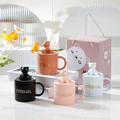 China Sustainable 350ml new cute bear ceramic mug cup with bears lid household couple coffee mugs wholesale gift box set for sale