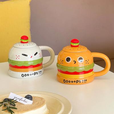 China Sustainable 450ml cartoon ceramic cup household cute hamburger mug with lid couple water cup creative gift wholesale mug for sale