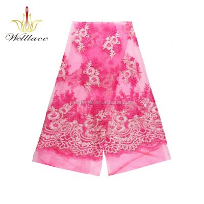 China Viable Wholesaler Luxury Pink Mesh Lace Fabric For Dress Mesh Tulle Thin Embroidered Mesh Lace for sale