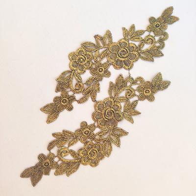 China Handmade Fashionable Lace Applique Gold Fancy Floral Lace Patches Milk Fiber Lace Appliques Embroidery Design for sale