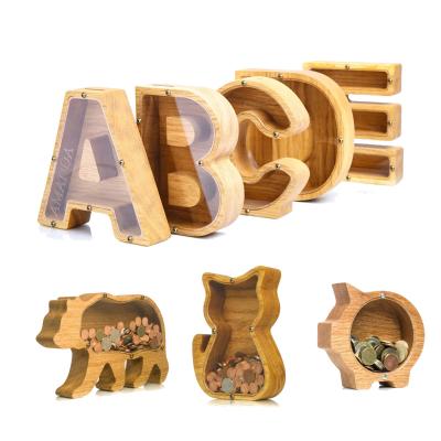 China The rubber wood factory sells the English 26 alphabet animal pattern transparent wooden piggy bank for sale